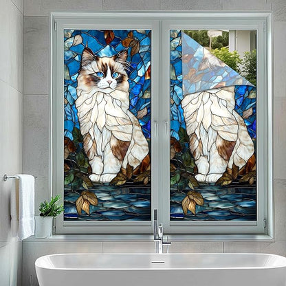 Privacy Window Film Cat Design Decorative Window Cling Stained Glass Style Static Cling Glass Sticker for Kitchen Bathroom Entry Door Panel 17.7 x 39.3 Inch