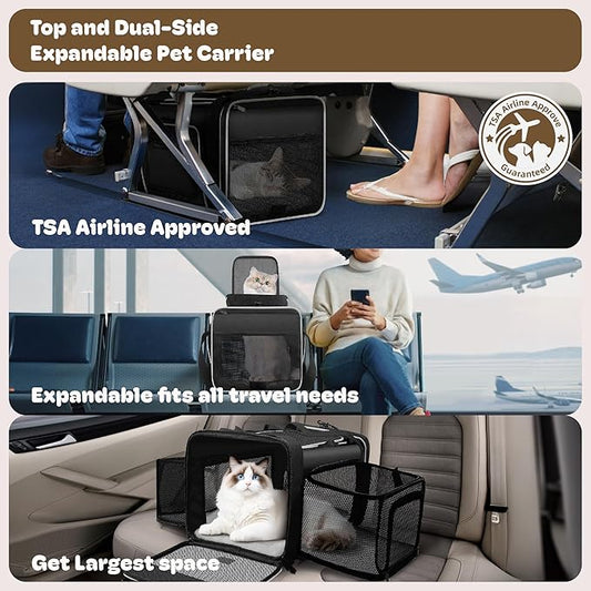 Top and 2 Sides Expandable Pet Carrier 17x11x9.5,TSA Airline Approved Small Dog Carriers for Small Dogs,Soft-Sided Cat Carrier with Self-Locking Zippers for Kitten,Rabbit,Puppy,Guinea Pig Black White