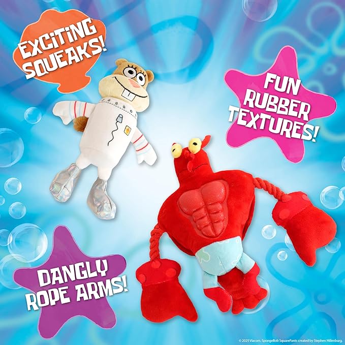 design LAB, Inc. Spongebob Squarepants Official Merchandise Squeaky Plush Dog Toys | 2-Pack Larry & Sandy Dog Toy with Squeaker and Tug Rope | Spongebob Squarepants Toys for Dogs