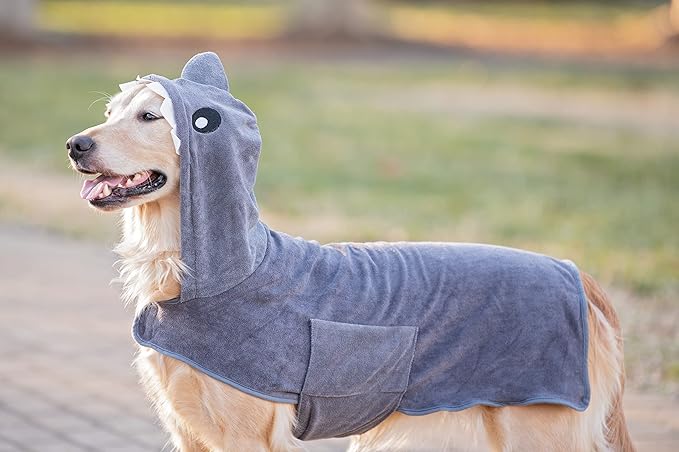 BoxDog Wearable Microfiber Dog Towel with Monster or Shark Hoodie | Soft Dog Bathrobe (Small, Grey Shark)