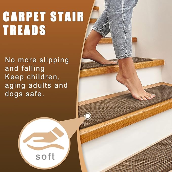 Natural Linen Stair Treads for Wooden Steps Indoor,8" X 30" (4 in Pack) Carpet Stair Treads for Wood Stairs, Machine Washable Stair Runners for Kids Elders and Pets,Brown