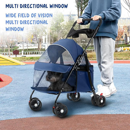 4 Wheels Pet Stroller for Medium Small Dog up to 50lbs, Dog Cat Stroller, Outdoor Travel Pet Folding Strollers, Cat Cage Strollers with Cup Holder, Breathable and Visible Mesh (1 Set-Blue)