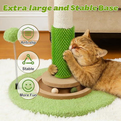 Cat Scratching Post, 38 Inch Tall Scratching Posts for Indoor Cats Adults and Kittens, Sisal Cat Scratch Post with Rotatable Hanging Toys, Rubber Brush, Mint Balls and Interactive Wooden Ball Track