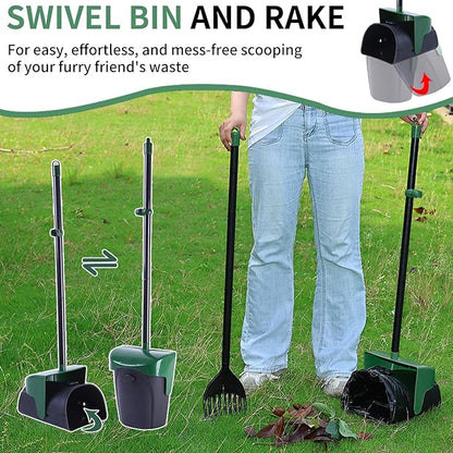ienjoyed Pooper Scooper Large Swivel Bin & Rake with 160 Waste Bags,Heavy Duty Dog Pooper Scooper with Bag Attachment for Dogs, Long Handle Poop Scooper with Lid for Yard, Grass, Gravel(Dark Green)