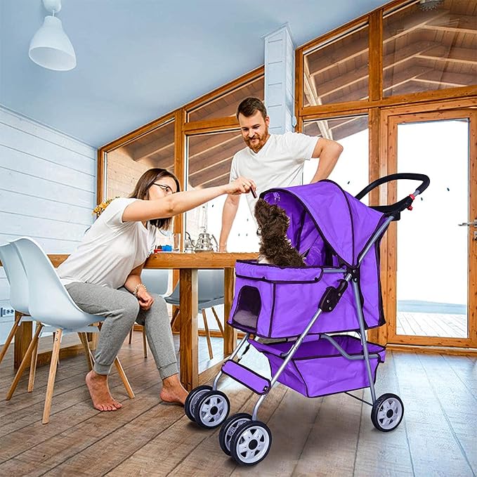 4 Wheels Dog Stroller, Foldable Pet Stroller for Small Medium Dogs, Portable Breathable Cat Stroller Dog Strollers with Storage Basket, Cup Holders, Removable Liner for Travel & Outdoor Use, Purple