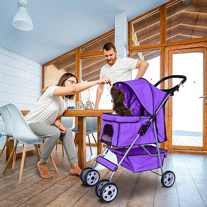 4 Wheels Dog Stroller, Foldable Pet Stroller for Small Medium Dogs, Portable Breathable Cat Stroller Dog Strollers with Storage Basket, Cup Holders, Removable Liner for Travel & Outdoor Use, Purple