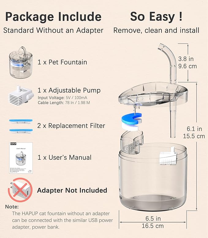 HAPUP Cat Water Fountain Animal Water Dispenser 61OZ/1.8L Automatic Pet Drinking Fountain Clear Upgrade with 2 Filter Replacement 1 Adjustable Silent 1 Water Pump for Cats Kitty Indoor
