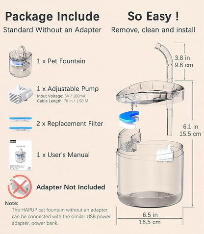 HAPUP Cat Water Fountain Animal Water Dispenser 61OZ/1.8L Automatic Pet Drinking Fountain Clear Upgrade with 2 Filter Replacement 1 Adjustable Silent 1 Water Pump for Cats Kitty Indoor