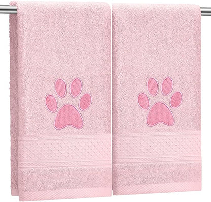 2 Pcs Dog Paw Hand Towels Pink Bathroom Decor 13 x 29 Inch 100% Cotton Embroidered Soft Hand Towels Absorbent Farmhouse for Kitchen Restroom