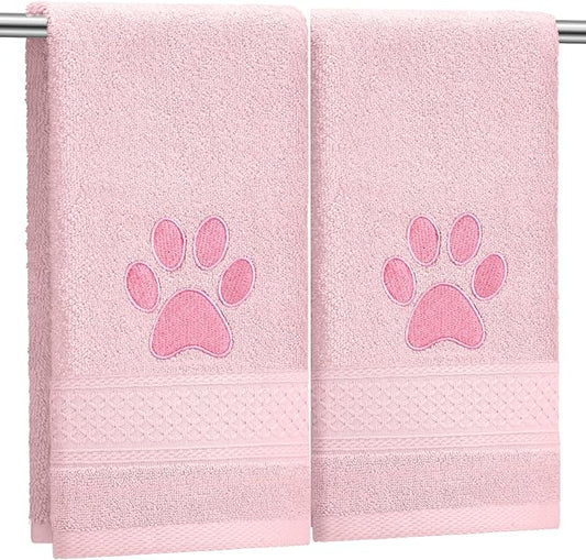 2 Pcs Dog Paw Hand Towels Pink Bathroom Decor 13 x 29 Inch 100% Cotton Embroidered Soft Hand Towels Absorbent Farmhouse for Kitchen Restroom