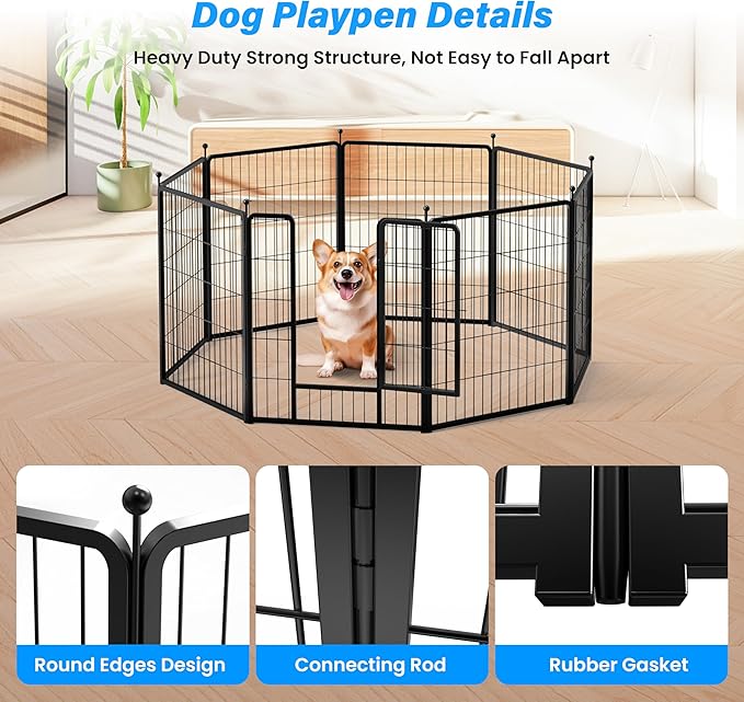 HealSmart Dog Playpen 32 Inch 8 Panels, Multi-Shaped Foldable Metal Pet Pen Fence with Single Gate, Light Weight and Easy to Carry, Black