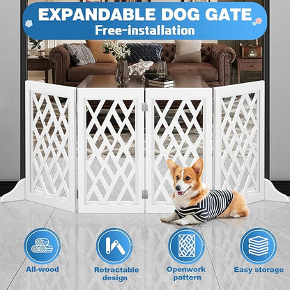Cut-Out Design 23" Dog Gate Retractable Stair Gate Foldable Puppy Gate Indoor - Freestanding Lightweight Pet Barrier for Doorways, Stairs, Hallways (Extends to 41", White)