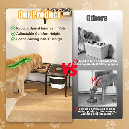 Elevated Dog Bowl with Storage Container - 2-in-1 Raised Dog Bowl Stand with 2 Stainless Steel Food Bowls，15-18 lb Dog Food Storage Bin for Large Breed Dogs, Adjustable Height Feeding Station