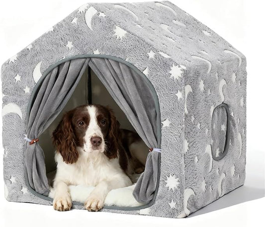 Indoor Dog House, Night-Luminous Star Dog Tent with Frame, Washable Dog Cave Bed, Suitable for 18-40 lb Small and Medium Dog