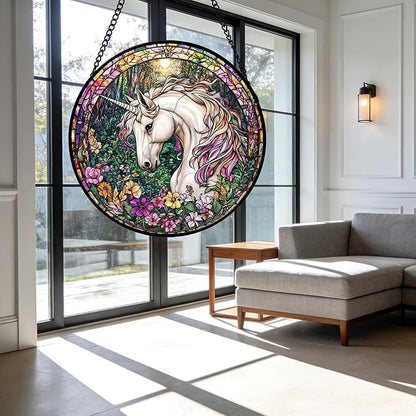 Stained Glass Window Hanging, Unicorn Flowers Suncatcher for Doors Home Sun Catchers Decoration and Christmas, Mother's Day Birthday Gifts for Women, Men, and Mom 6.3 in