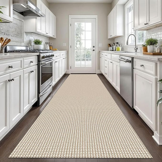 KOZYFLY Long Runners for Hallways 3x12 ft Washable Kitchen Runner Non Slip Rubber Backed Hallway Rugs Cotton Entryway Runner Rug Floor Carpet for Indoor Hall, Backdoor, Kitchen, Ivory/Khaki