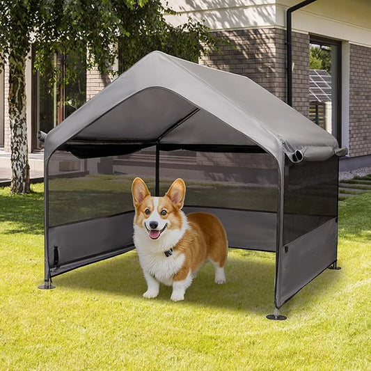 Summertrail Dog House Outside, Dog Tent Outdoor, Dog Shade Shelter Doghouse Canopy with Three-Sided Breathable Mesh Windows, Gray Sun Rain Cover for Pet Cat Livestock（Medium Size）