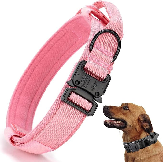 Tactical Dog Collar, Adjustable Military Training Nylon Dog Collar with Control Handle and Heavy Quick-Release Metal Buckle for Small Medium Large Dogs, Light Pink XL