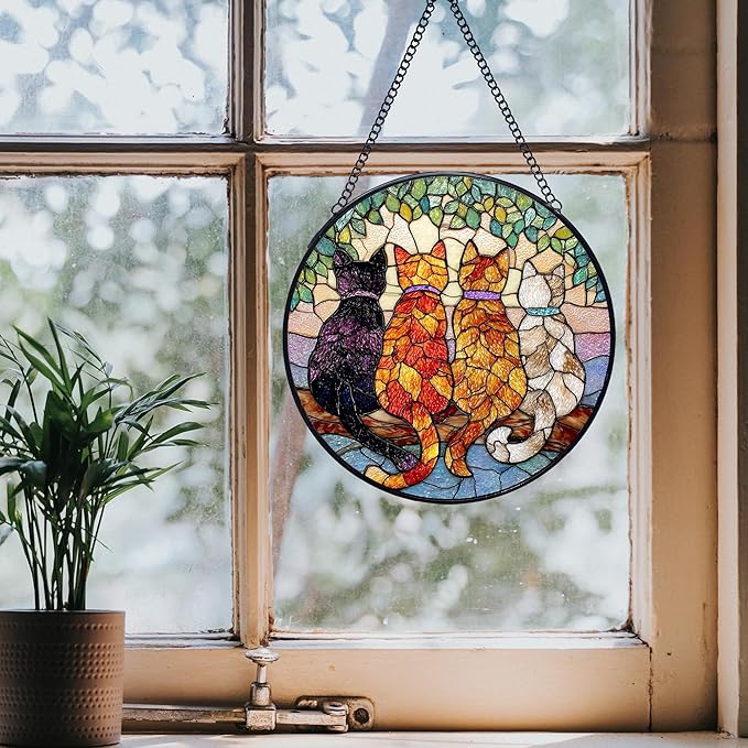 Cat Stained Glass Window Hanging Suncatchers, Cat Mom Lovers Owner Gifts Sun Catchers Indoor Window Glass Wall Art Decor, Cats Wall Hanging Decorations Sculptures, 7.9x7.9in