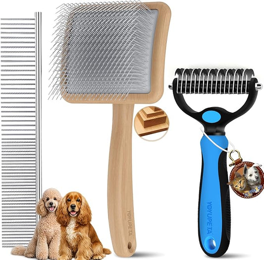 Large Dog Slicker Brush for Goldendoodles, Poodles - 3 in 1 Grooming Kit with Undercoat Rake, Comb - Extra Long Pins for Dematting Great Pyrenees, Thick Coats, Shedding, Detangling, Natural