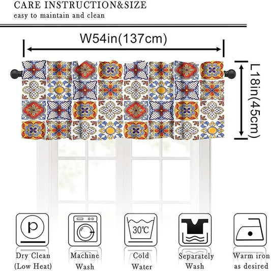 Mexico Valances Curtain for Kitchen, Mexican Talavera Ceramic Tile Patchwork Pattern Window Treatment Valances Short Curtains Rod Pocket Drape for Dining Room Home Farmhouse Decor, 54x18inch
