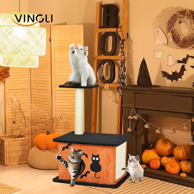 VINGLI 43.4in Halloween Cat Tree Tower, Indoor Gothic Cat House with Sisal-Covered Scratching Posts & Platforms & Cat House Caves Box with Gesture, Black & Orange
