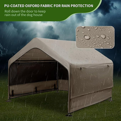 Summertrail Extra Large Dog House Outside, Dog Tent Outdoor, Big Dog Shade Shelter Doghouse Canopy with Three-Sided Mesh Windows, Sun Rain Cover for Pet Cat Livestock 4'x 4'x 3.3' Khaki