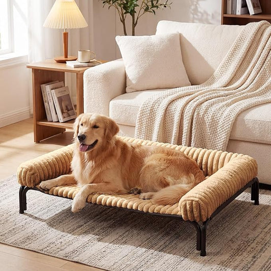 Elevated Dog Bed with Removable Bolster Cushion Mat, Raised Pet Cot for Extra Large Sized Dogs with Breathable & Washable Mesh, Indoor & Outdoor Pet Hammock with Skid-Resistant Feet.