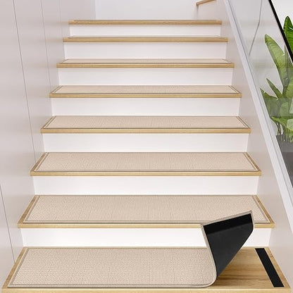 Peel and Stick Stair Carpet Treads for Wooden Steps,15 Pack Indoor Beige Stair Mats, Basement Safety Stick On Stair Rug Step Pads for Pet Dog, Elders and Kids