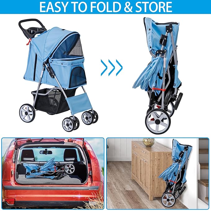 LEMY Pet Stroller,4 Wheels Dog Cat Stroller for Small Medium Dog Cats Carrier Jogger Travel Foldable Puppy with Storage Basket and Cup Holder(Blue)