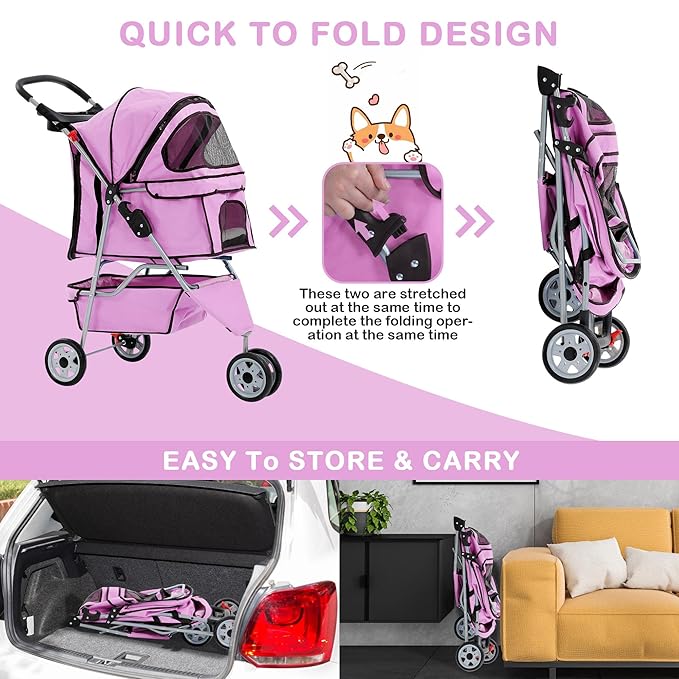 3 Wheels Dog Stroller, Foldable Pet Stroller for Small Medium Dogs, Portable Breathable Cat Stroller Dog Strollers with Storage Basket, Cup Holders, Removable Liner for Travel & Outdoor Use, Pink