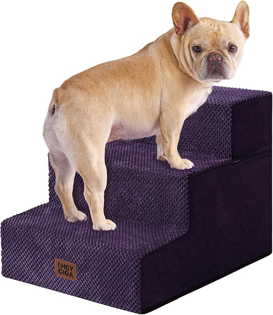 EHEYCIGA Dog Stairs for Small Dogs 13.5" H, 3-Step Dog Steps for Couch Sofa and Chair, Pet Steps for Medium Cats, Non-Slip Balanced Pet Ramp Indoor, Purple