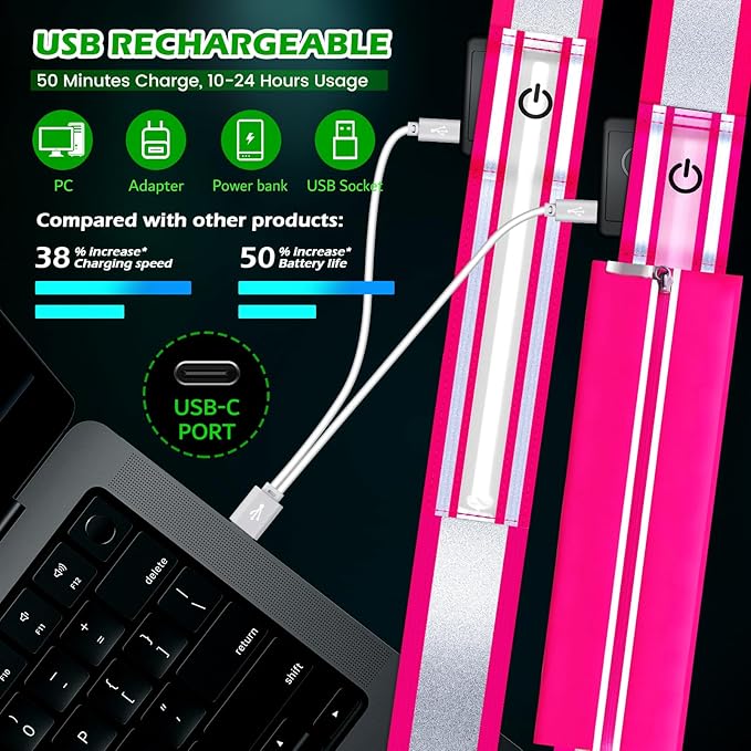 LED Reflective Belt Sash, Rechargeable LED Light Night Safety Walking Gear, High Visibility Adjustable Reflective Gear for Runners Walkers Cyclists at Night (Pink)