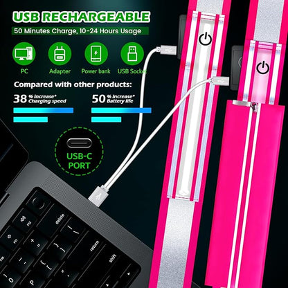 LED Reflective Belt Sash, Rechargeable LED Light Night Safety Walking Gear, High Visibility Adjustable Reflective Gear for Runners Walkers Cyclists at Night (Pink)
