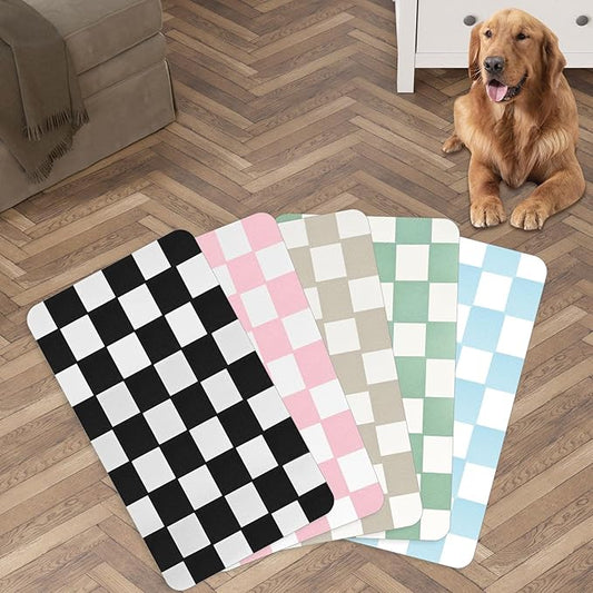 Checkered Dog Food mat, Non-Slip Sole Absorbent Dog and Water Bowl mat, Stain Free Quick Drying Checkerboard pet placemat, Suitable for cat、Puppy Accessories 12"x19" (Black)
