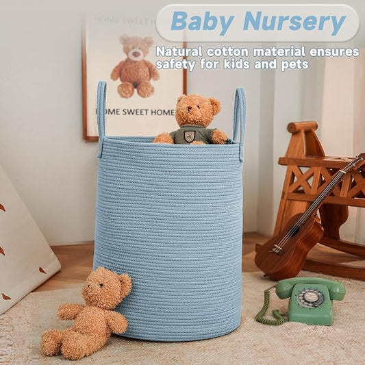 Large Woven Laundry Basket Hamper,80L Cotton Rope Storage Bin for Blankets,Toys and Clothes,Decorative Tall Nursery Hamper for Living Room,Baby Nursery,Bathroom and Bedroom,Blue