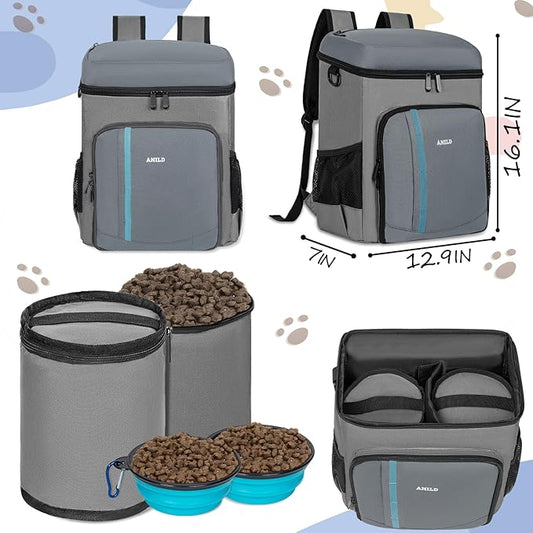 ANILD Dog Travel Bag Backpack, Flight-Ready TSA-Approved Dog Travel Bag with 2 Leak-Proof Food Canisters, 5 Foldable Silicone Bowls, Multi-Compartment Organizer for Hiking, Camping, Dog Mom Essentials