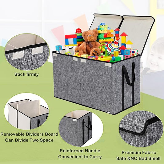 Large Kids Toy Box Chest Storage organizer with Double Flip-Top Lid - Collapsible Sturdy Toy Organizers And Storage Bins With Big Handles For Nursery, Playroom, 26.8"x13.8"x16"(Grey)