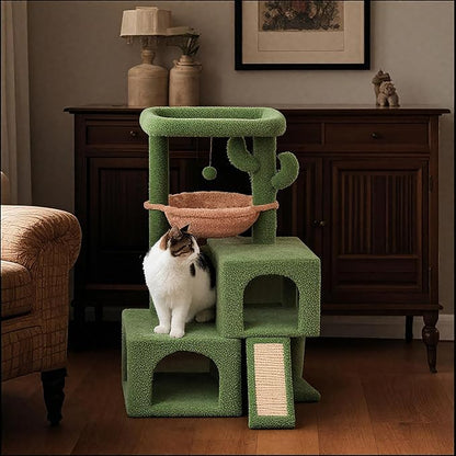 AIWIKIDE 37.4" Cactus Cat Tree Tower with Twin Cat Condos for Indoor Cats, All-in-One Activity Center with Cat Scratching Post Cozy Sleeping Perch Hammock and Toy Balls,Green …