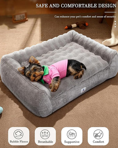 Dog Bed with Shredded Foam Filling, 35" * 25" Calming Pet Sofa with Removable Washable Cover, Soft Faux Fur Bolster Couch for Dogs, Anti-Slip Bottom (Gray, Small)