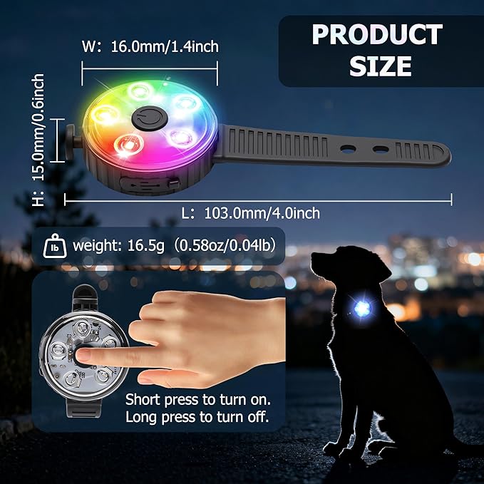 1-Pack Dog Collar Light, Fyorbietail 2025 Upgraded 8 Changing Rechargeable Dog Light with Durable Silicone Band, IPX7 Waterproof Collar Lights for Nightwalking, Hiking