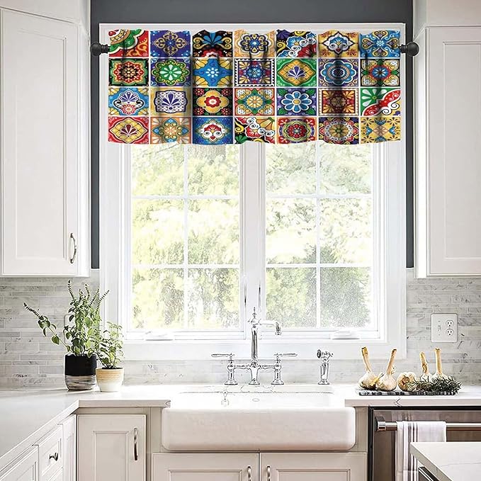 Mexican Style Valances Curtain for Kitchen Cafe, Tiles Print Colorful Flowers Leaves Swirl Pattern Window Treatment Valances Short Curtains Rod Pocket Drape for Dining Room Home Decor, 54x18inch