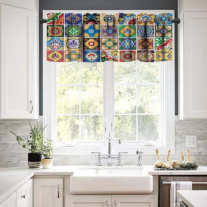 Mexican Style Valances Curtain for Kitchen Cafe, Tiles Print Colorful Flowers Leaves Swirl Pattern Window Treatment Valances Short Curtains Rod Pocket Drape for Dining Room Home Decor, 54x18inch