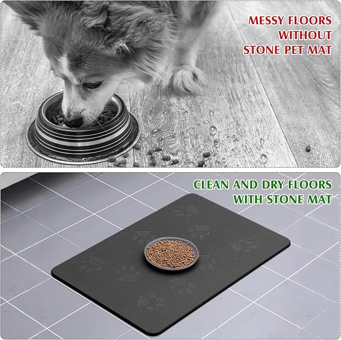 Valentine Dog Gift Stone Mat for Dog Bowl Diatomaceous Earth Absorbent Non Slip Cat Puppy Mat for Food and Water Quick Drying Easy to Clean Placemat for Bowl Dish(Black,16 x 24 Inch)