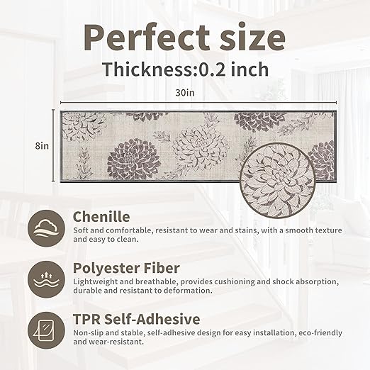 Non-Slip Carpet Stair Treads 15PCS, 8"x30" Peel and Stick Stair Runner for Wooden Steps Indoor, Washable Reusable Adhesive Backing, Pet-Friendly Safety Mats for Kids, Elders, Dogs