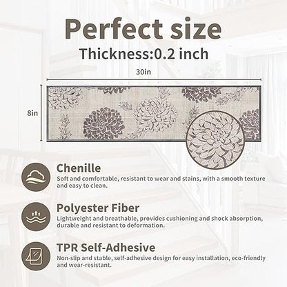 Non-Slip Carpet Stair Treads 15PCS, 8"x30" Peel and Stick Stair Runner for Wooden Steps Indoor, Washable Reusable Adhesive Backing, Pet-Friendly Safety Mats for Kids, Elders, Dogs
