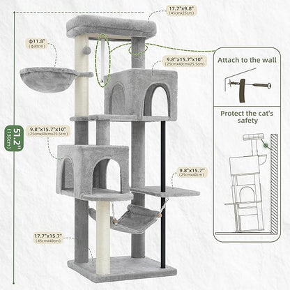 Gitelsnour 51.2'' Cat Tree Tower, Cat Tower with Scratching Post, Sturdy Steel Pube Cat Tree for Inoor Cats Large Adult, Cat Hammock and Basket, Padding Top Platform, Light Gray GCT014W