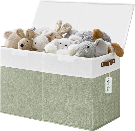 Large Toy Storage Box with Lids, Collapsible Sturdy Baby Storage Organizer Chest Bin Basket for Kids, Boys, Girls, Playroom, Nursery, Bedroom, Closet 25"x13"x16" (Green and White)