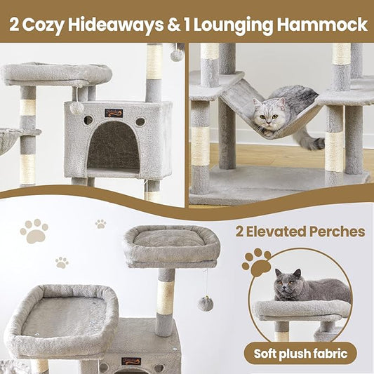 Large Cat Tree Tower for Indoor Cats Adult, 74.8 Inch Tall Multi-Level Kitty Condo with Scratching Posts, Perch, Hammock, Plush Bed for Big Cats, Modern Cat Furniture Heavy Duty (Light Grey)