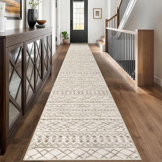 KUTA Long Hallway Runner Rug 2.6x18 Non-Slip Washable, Moroccan Vintage Beige Boho Kitchen Rugs Ultra Soft Distressed Geometric Floor Carpet Runners for Bedroom Laundry Stairway Entryway